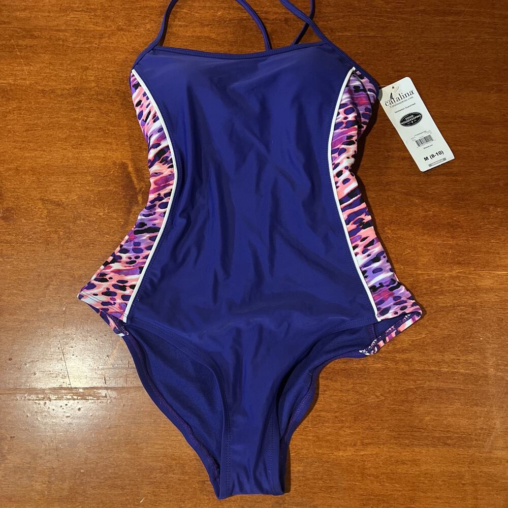 Catalina Purple Animal Print One Piece Racerback Swimsuit NWT Medium 8-10